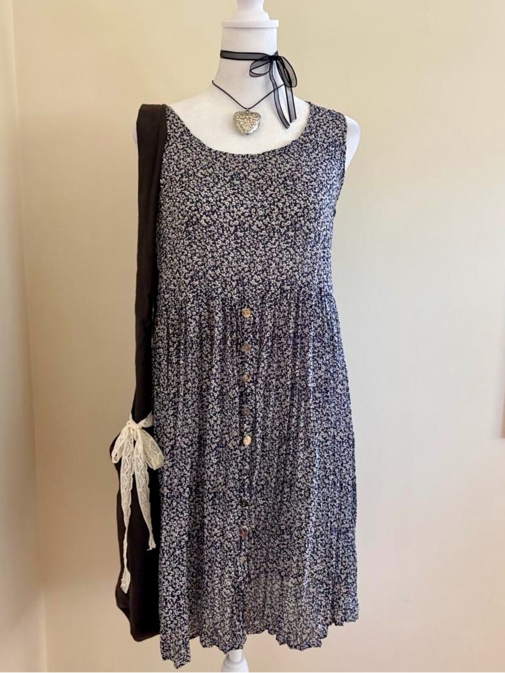 Vintage 90s floral babydoll mini dress navy blue white button front lolita S